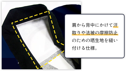 肩から背中にかけて汗取りや法被の摩擦防止のための晒生地を縫い付ける仕様。